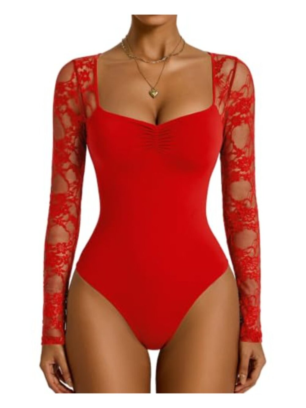 Avidlove Lace Long Sleeve Bodysuit Sweetheart Neck Ruched Shapewear